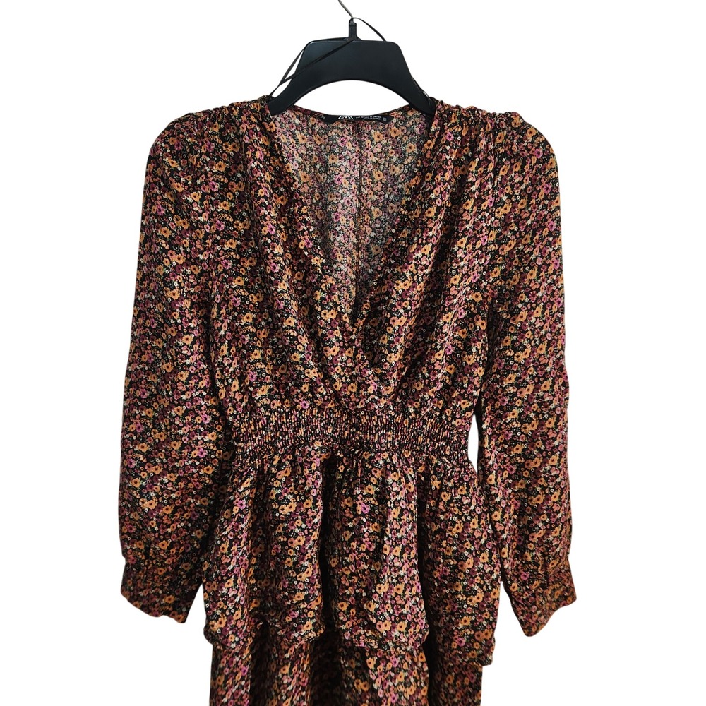 Zara Womens Floral Smocked Waist Tiered Ruffle Mini Dress V-Neck Long‎ Sleeve M